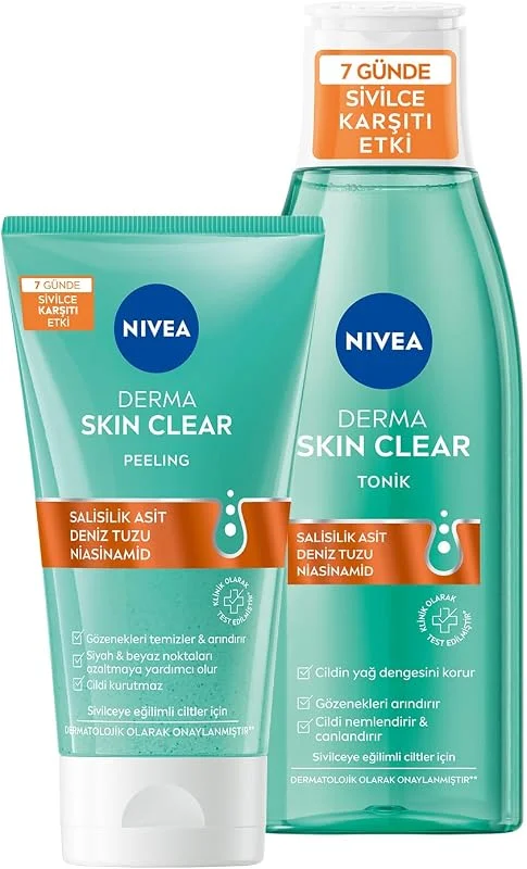 NIVEA Derma Skin Clear Sivilce Karşıtı Yüz Temizleyici Peeling 150ml ve Nemlendirici Tonik 200ml, Yağlı Cilt, Salisilik Asit, Niasinamid, Deniz Tuzu, BHA — Cilt bakımı
