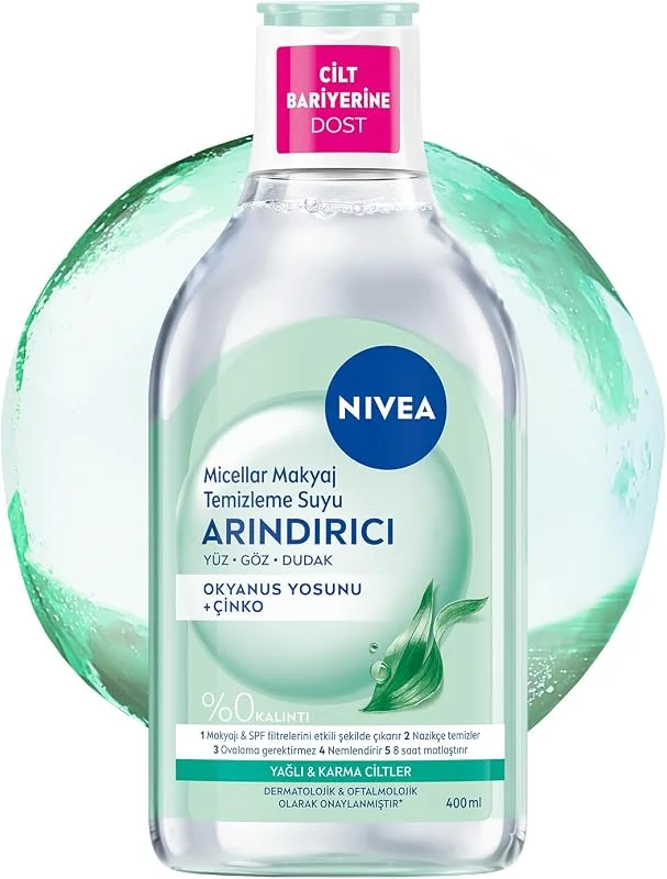 NIVEA Micellar Makyaj Temizleme Suyu Arındırıcı ve Matlaştırıcı 400 ml, Yüz, Göz ve Dudak Temizleyici, Amino Asit Kompleksi ve Okyanus Yosunu Özü — Cilt bakımı