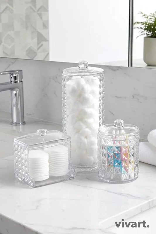 Vivart 3’lü Diamond Seri Kapaklı Banyo Organizer, Makyaj Pamuğu ve Kulak Çubuğu Saklama Kabı Beyaz Tek Ebat