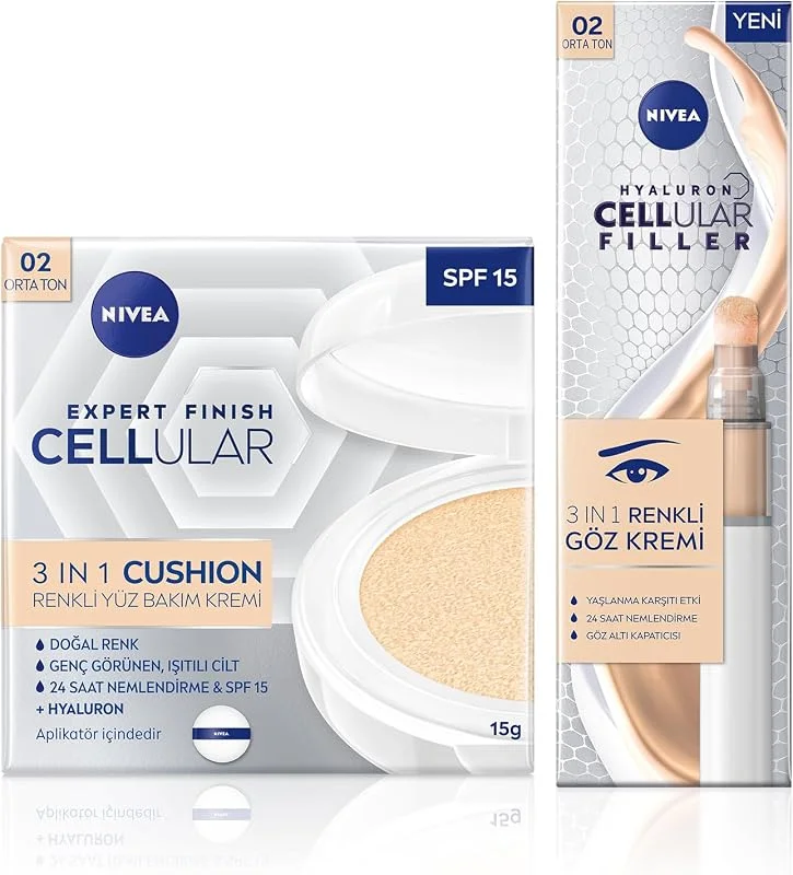 SPF15 Cellular Expert Finish Cushion Renkli Yüz Bakım Kremi 15ml ve Göz Bakım Kremi 15ml, Orta Ton — Cilt bakımı