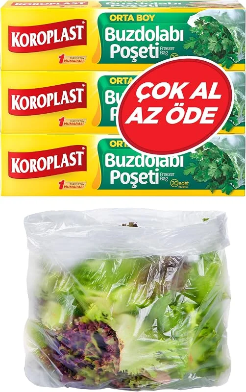 Koroplast 3'lü Çok Al Az Öde Ekonomik Paket Orta Boy 60'lı Buzdolabı Poşeti, Sızdırmaz & BPA İçermez Gıda Saklama Torbası, Et, Tavuk, Balık, Sebze, Meyve, Çorba, Sos, Peynir, Kuruyemiş, Sandviç — Makyaj