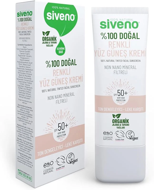 Siveno%100 Doğal Yüz Güneş Kremi Renkli Ton Eşitleyici Leke Karşıtı UVA UVB SPF 50+ 30 ml — Cilt bakımı