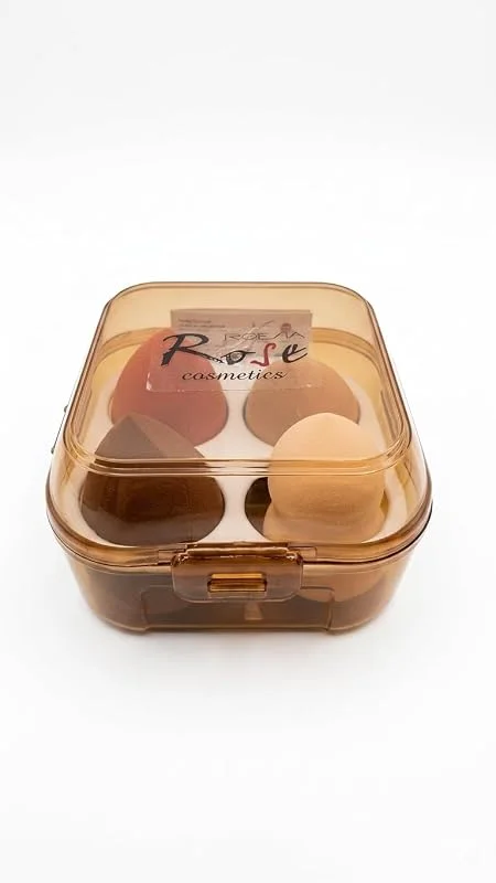 Roesa Rose Cosmetics 4'lü Makyaj Süngeri Seti - Profesyonel Fondöten ve Kapatıcı Uygulama Süngerleri - Islak ve Kuru Kullanım, Yumuşak Doku, Şeffaf Saklama Kutulu (Toprak Tonları)