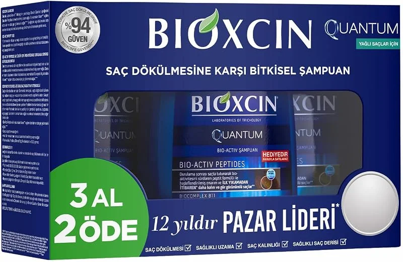 Bioxcin Quantum Şampuan 3 x 300 ml – Yağlı Saçlar İçin Sebum Dengeleyici ve Saç Dökülmesine Karşı Etkili Şampuan (3 Al 2 Öde Set) — Saç bakımı