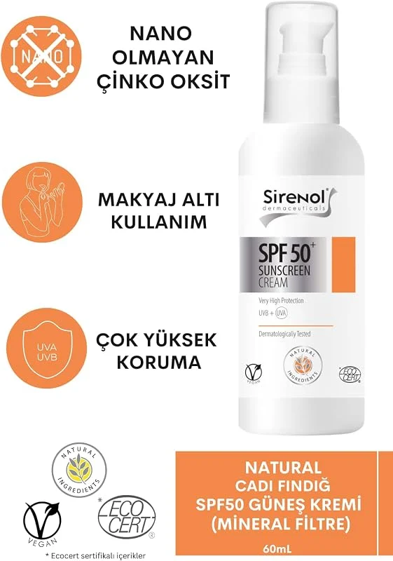 Sirenol Natural Cadı Fındığı SPF50 Güneş Kremi (Mineral Filtre) 60 ml — Cilt bakımı