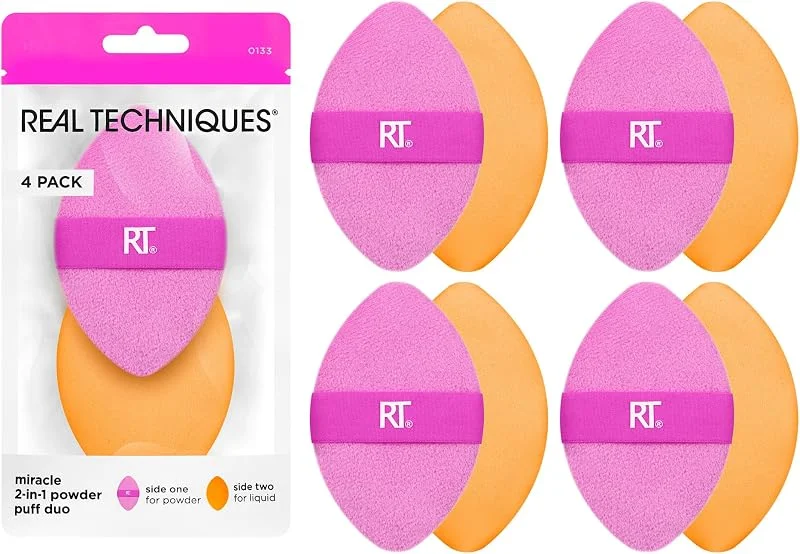 Real Techniques 4 Paket Mucize 2'si 1 Arada Puflar, Çift Taraflı Makyaj Karıştırma Pufu, Tersinir Elastik Bant, Hassas Makyaj Süngeri ve Pudra Pufu, Sıvı, Krem ve Toz Ürünleri İçin