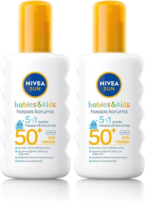 NIVEA SUN SPF50 Çocuklar İçin Hassas Güneş Koruyucu Vücut Spreyi 200ml, UVA Koruması, 5i 1 Arada Bakım (2 paketi) — Cilt bakımı