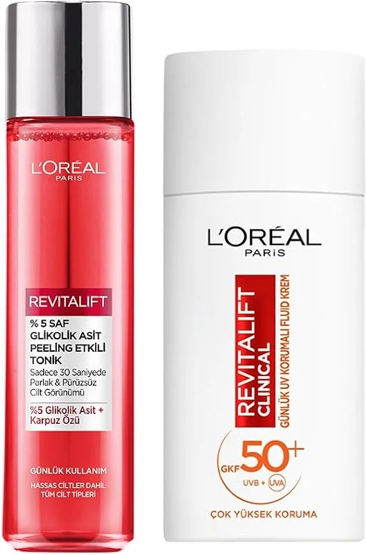 L’Oréal Paris Revitalift Clinical Spf 50+ Yüz Güneş Kremi 50 ml +%5 Saf Glikolik Asit Peeling Etkili Tonik — Cilt bakımı