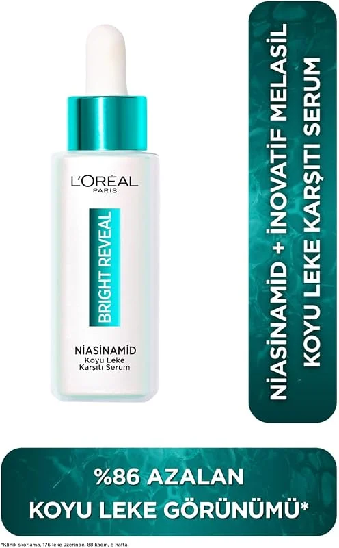 L'Oreal Paris Bright Reveal Sivilce, Güneş, Yaşlanma Lekelerinde Etkili Koyu Leke Karşıtı Serum, 10% Niasinamid, 30 ml — Cilt bakımı