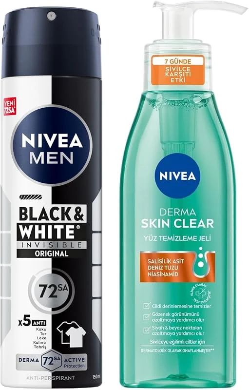 NIVEA Derma Skin Clear Sivilce Karşıtı Yüz Temizleme Jeli 150ml, Erkek Sprey Deodorant Black&White 150ml, Bakım Seti — Cilt bakımı
