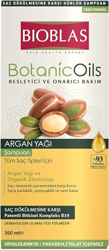 Bioblas Saç Dökülmesine Karşı Bitkisel Şampuan – Argan & Zeytinyağı İçerikli, Biocomplex B19, Parlaklık ve Onarım Sağlayan Şampuan, 360 ml — Saç bakımı
