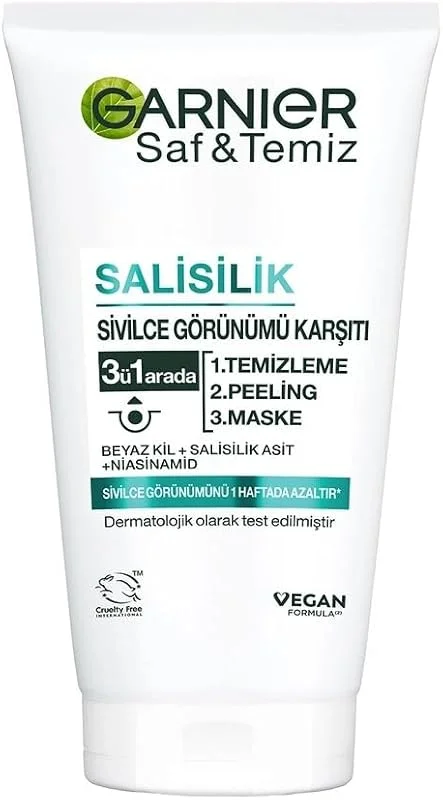Garnier Saf & Temiz Salisilik Sivilce Görünümü Karşıtı 3'ü 1 Arada (Beyaz Kil, Salisilik Asit, Niasinamid) — Cilt bakımı