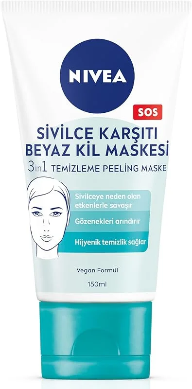 NIVEA Sivilce Karşıtı 3'ü 1 Arada Beyaz Kil Maskesi 150ml, Temizleme, Peeling, Siyah Nokta Arındırıcı, Gözenek Arındırıcı, Yüz Temizleyici, Pürüzsüzleştirici, Vegan Formül — Cilt bakımı