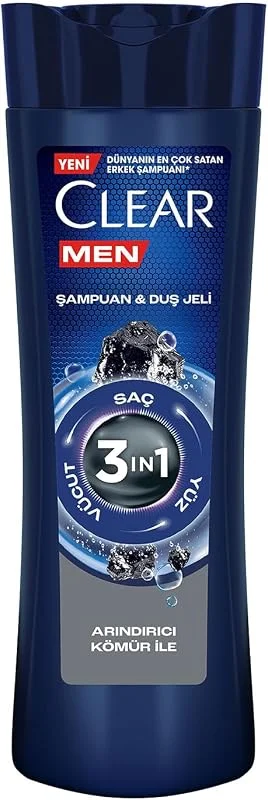 Clear Men 3 in 1 Şampuan & Duş Jeli Arındırıcı Kömür Saç Yüz Vücut İçin — Saç bakımı