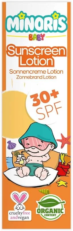 Minoris Baby Güneş Kremi SPF 30+ 150ml, Organik, Doğal ve Mineral Güneş Koruması, Hassas Ciltler İçin, Hipoalerjenik, Vegan, Suya Dayanıklı, Geniş Spektrumlu, Dermatolojik Olarak Test Edilmiş — Cilt bakımı