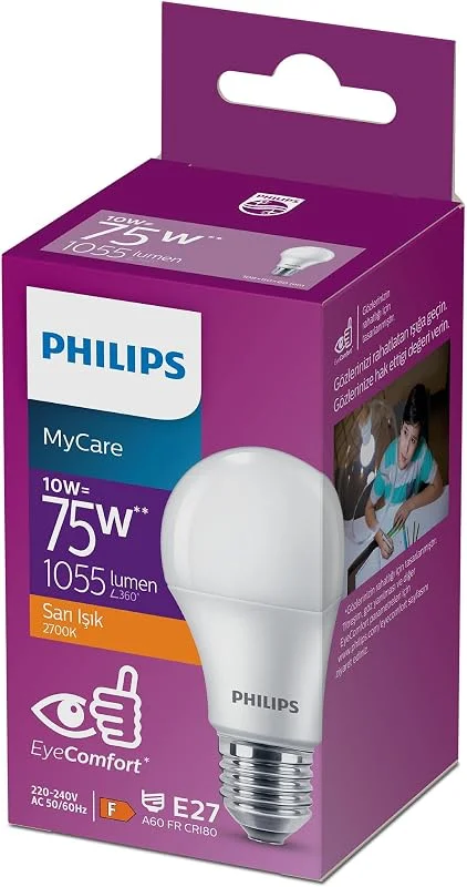 Philips 10 Watt Led Ampul, 2700K Sarı Işık, E27 Normal Duy, 75 Watt Eşleniği — Makyaj