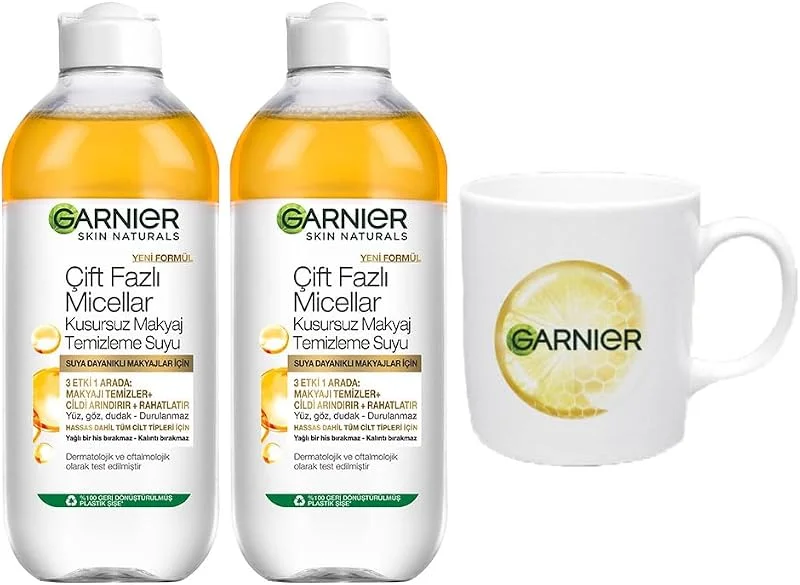 Garnier Skin Naturals 2'li Çift Fazlı Micellar Kusursuz Makyaj Temizleme Suyu (400 ml) Bardak Hediyeli — Cilt bakımı