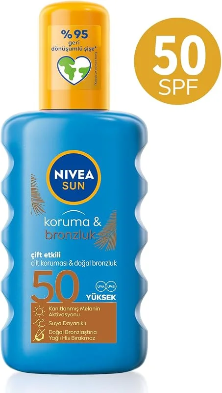NIVEA SUN SPF50 Koruma Ve Bronzluk Güneş Spreyi 200ml, Doğal Bronzluk, Suya Dayanıklı, Melanin — Cilt bakımı