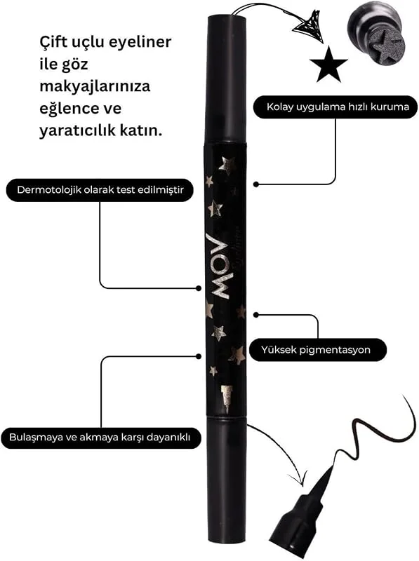 MOV Çift Uçlu Siyah Eyeliner, İnce Uç ve Damga Uçlu, Yüksek Pigmentasyon, Suya Dayanıklı, Dermatolojik Test Edilmiş, Pratik Göz Makyaj Kalemi