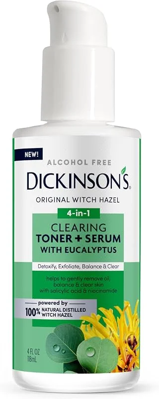 Dickinson's Orijinal Witch Hazel Clearing Toner + Okaliptüslü Serum, %100 Doğal Damıtılmış Cadı Fındığı, Alkolsüz, Cilt Temizleyici ve Tonları, Gözenekleri Açar, 4 Fl Oz — Cilt bakımı