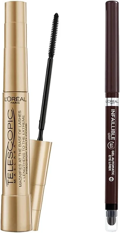 L’Oréal Paris Telescopic Maskara - Siyah + Infaillible Automatic Jel Göz Kalemi - Kahverengi Makyaj Seti