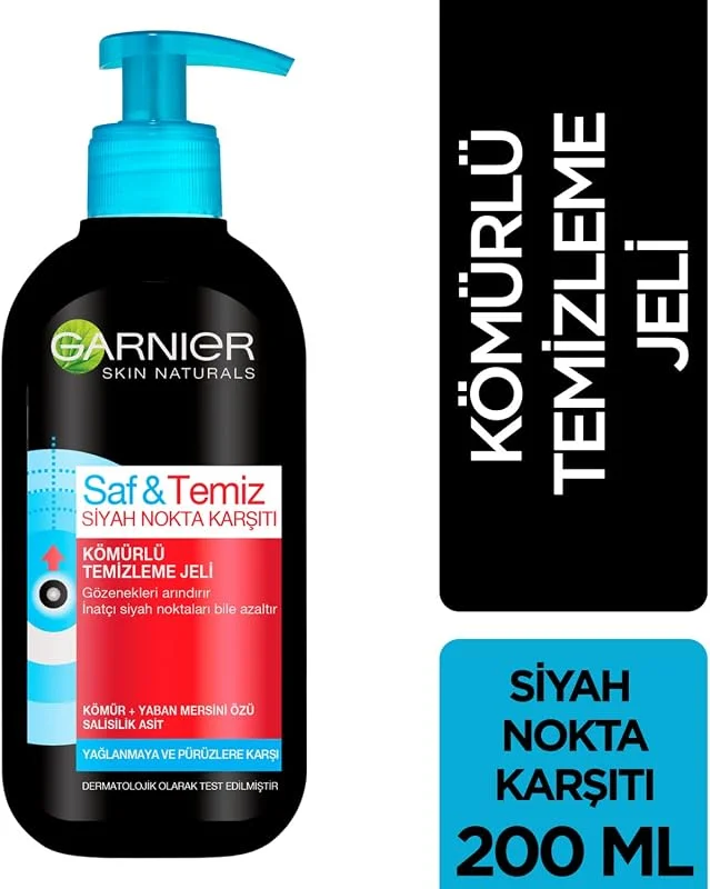 Garnier Skin Naturals Saf & Temiz Siyah Nokta Karşıtı Kömürlü Temizleme Jeli 200 ml 1 Paket (1 x 200 ml) — Cilt bakımı