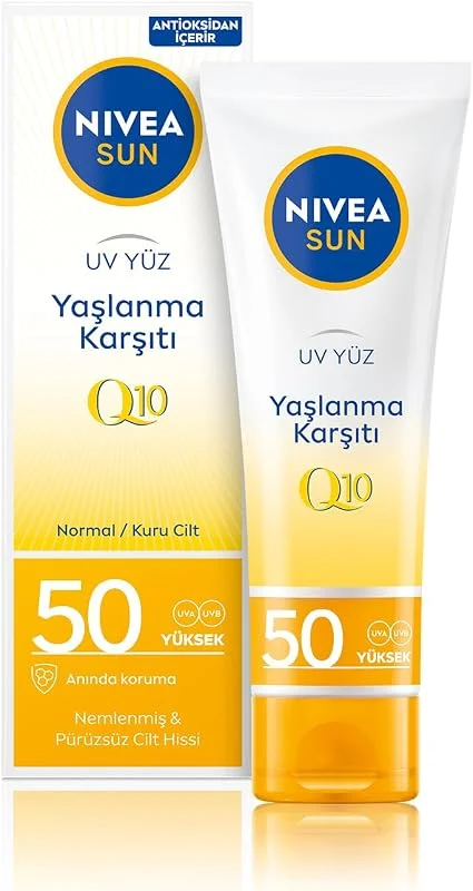 NIVEA SUN Yaşlanma ve Leke Karşıtı Q10 Yüz Güneş Kremi SPF50 50 ml, Nemlendirme, Normal ve Kuru Ciltler — Cilt bakımı