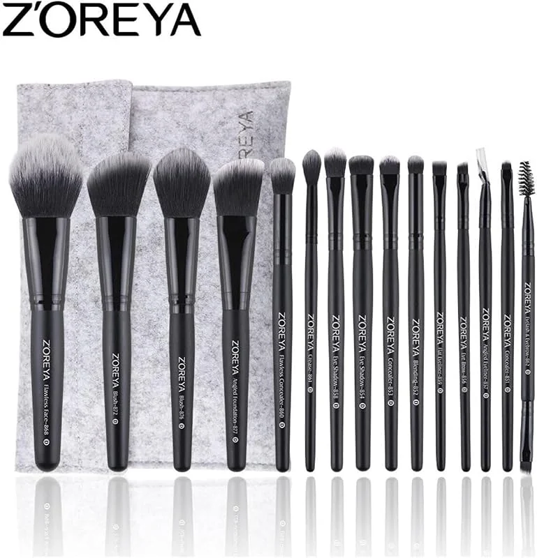 Z'oreya 15 Parça Pro Makyaj Fırça Seti, Sentetik Kıl, Siyah, Keçe Çanta