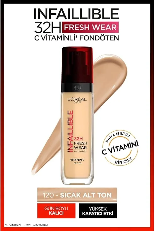 L'Oreal Paris Infaillible 32H Fresh Wear C Vitaminli Fondöten - 120 Vanilla — Makyaj