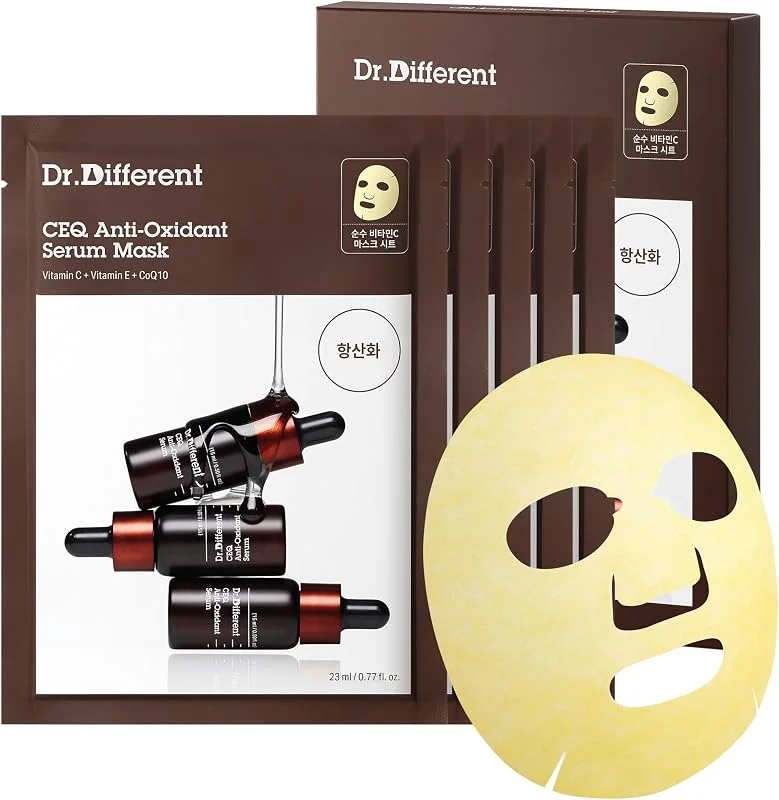 Dr.Different CEQ Anti-Oxidant Serum Mask, Antioksidan Bakım, Kağıt Maske, C Vitamini, E Vitamini, Niasinamid ve Koenzim Q10 İçerikli, Kuru ve Yağlı Ciltler için, 5 Adet — Cilt bakımı