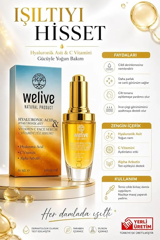 Welive Hyaluronik Asit ve C Vitamini Yüz Serumu, Alpha Arbutin ile, 30 ml, Paraben İçermez — Cilt bakımı