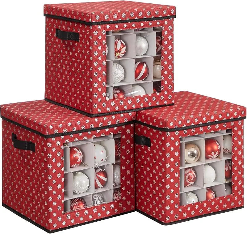 SONGMICS saklama kutuları, 3'lü set, katlanır kutular, kutu başına 64 küçük bölme, esnek ayırma duvarları, 30, 5 x 30, 5 x 30, 5 cm, kırmızı, kar tanesi desenli RFB029R01 — Saç bakımı