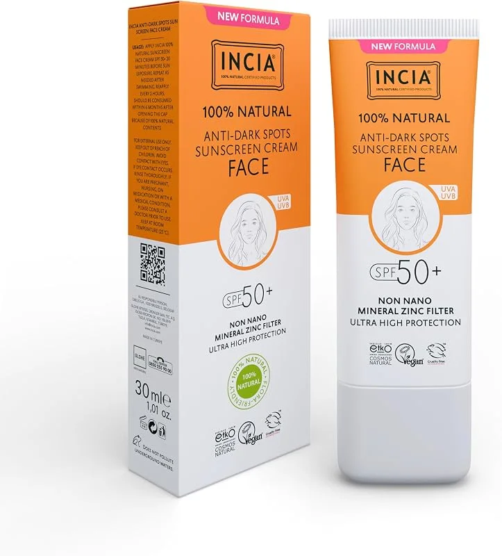 INCIA%100 Doğal Yüz Güneş Kremi Leke Karşıtı Aydınlatıcı Mineral Filtre SPF 50+ UVA1 UVA2 UVB 30 ml — Cilt bakımı