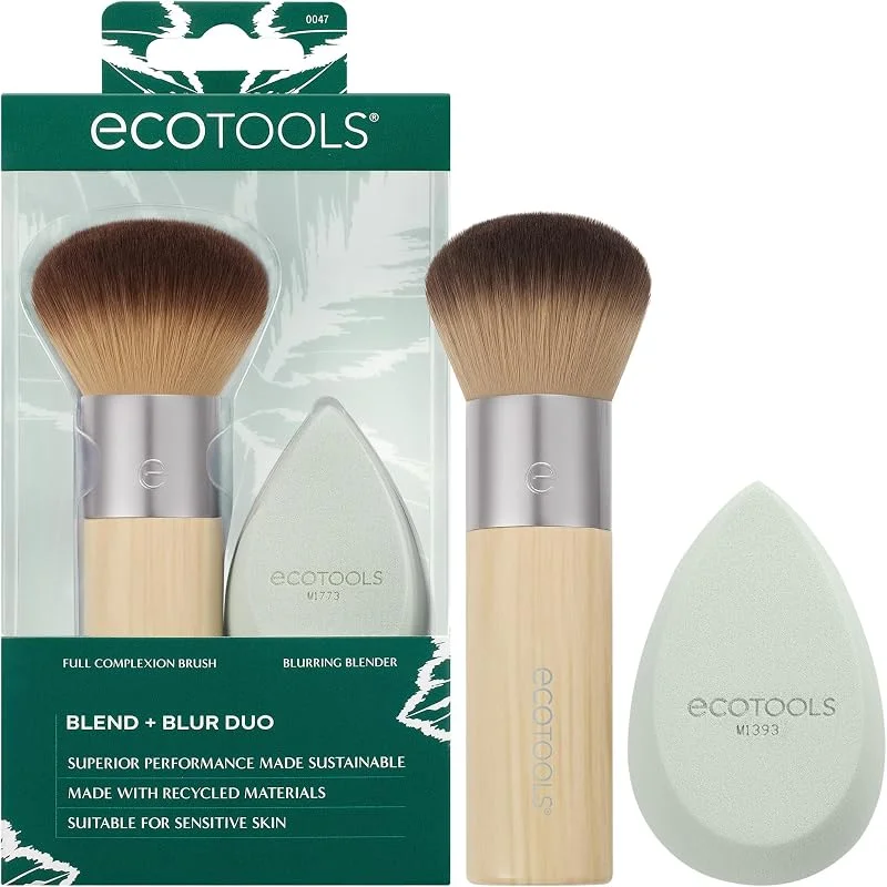 EcoTools Blend + Blur Makyaj Fırçası ve Sünger Duo, Makyaj Blender Sünger ve Fondöten Fırçası, Sıvı ve Krem Makyaj, Bulut Cildi, Çevre Dostu, Lateks İçermez, Zulüm İçermez, & Vegan, 2 Adet