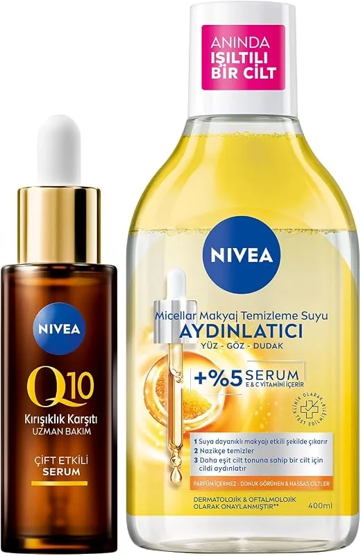 NIVEA Micellar Aydınlatıcı Makyaj Temizleme Suyu 400 ml + NIVEA Q10 Kırışıklık Karşıtı Çift Etkili Cilt Serumu 30 ml — Cilt bakımı