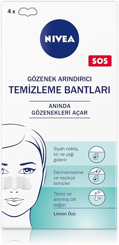 NIVEA Siyah Nokta Temizleyici Burun T-Bant, Gözenek Arındırıcı, Derinlemesine Temizlik, Limon Özü, 4 Adet — Cilt bakımı