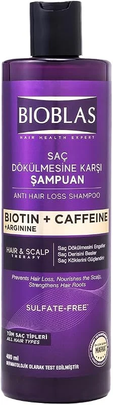 Bioblas Biotin Kafein Arjinin Şampuan – Saç Dökülmesine Karşı Güçlü Bitkisel Formül, Sülfatsız, BIOCOMPLEX B19 ile, 400 ml — Saç bakımı