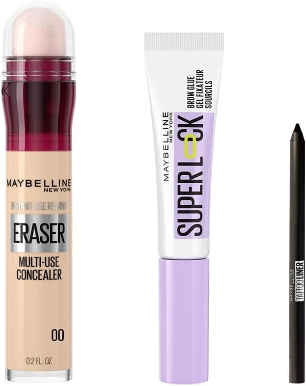 Maybelline New York Instant Anti Age Eraser Kapatıcı - 00 Ivory & Maybelline New York Super Lock Brow Glue Kaş Sabitleyici Maskara & Maybelline Tattoo Mini Jel Göz Kalemi Hediyeli — Makyaj