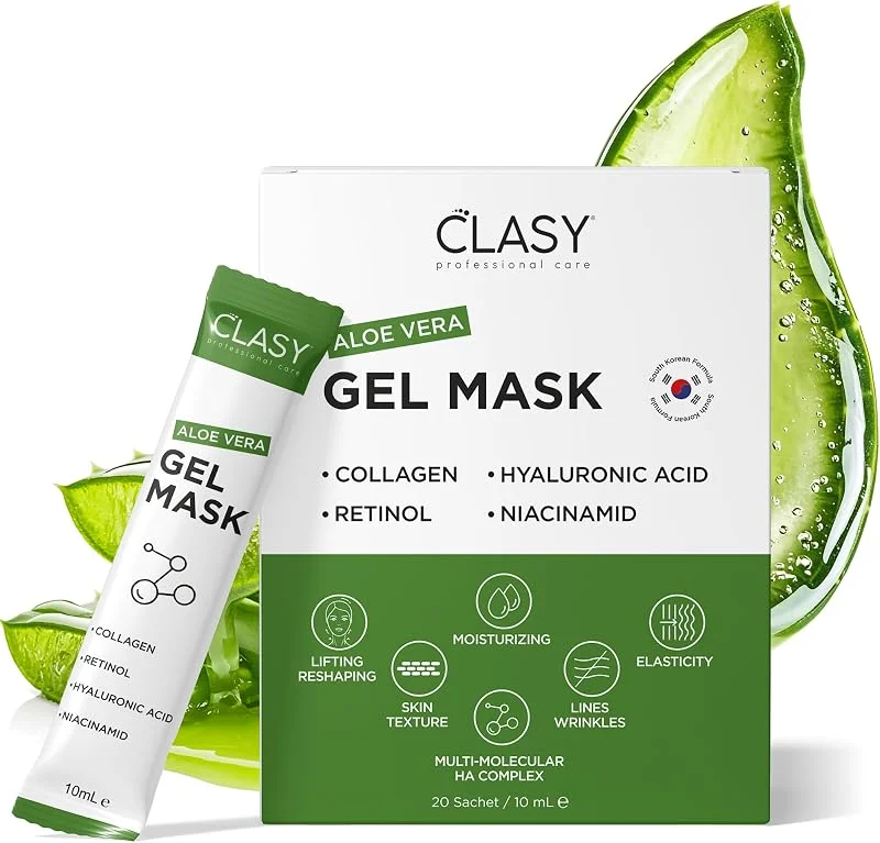 Clasy Care Aloe Vera Jel Maske - Kolajen ve Retinol ile Nemlendirici Yüz Maskesi - Güneş Yanığına Karşı Ferahlatıcı Bakım - Seyahat Boyu — Cilt bakımı