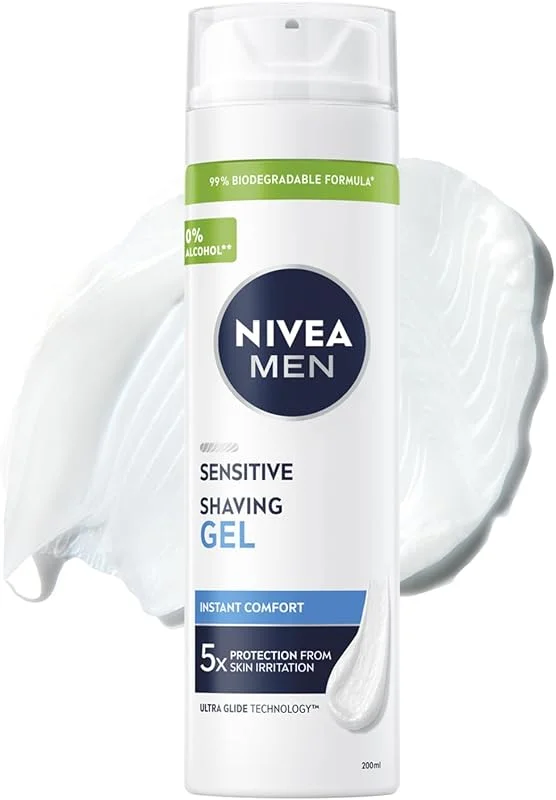 NIVEA MEN Erkek Hassas Tıraş Jeli 200 ml, Tahrişe ve Yanmaya Karşı Koruma, Alkolsüz Formül, Hassas Ciltlere Özel — Makyaj