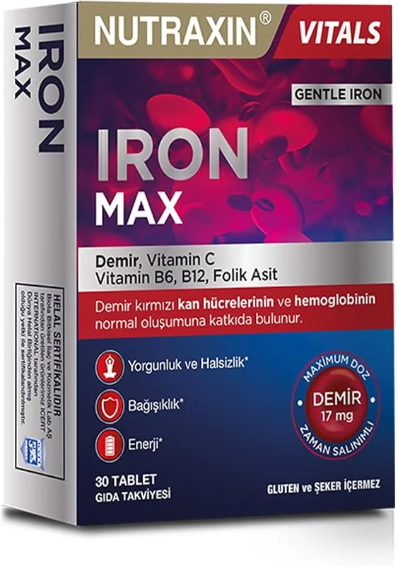 Nutraxin Iron Max 30 Tablet – Demir, C Vitamini, Folik Asit ve B12 Vitamini İçeren Takviye — Gıda takviyesi
