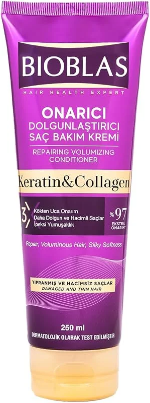 Bioblas Kolajen & Keratin Onarıcı Dolgunlaştırıcı Saç Bakım Kremi 250 ml – İnce ve Yıpranmış Saçlar İçin Hacim, Kolay Tarama ve Parlaklık — Saç bakımı