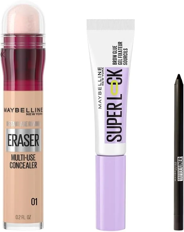 Maybelline New York Instant Anti Age Eraser Kapatıcı - 01 Light & Maybelline New York Super Lock Brow Glue Kaş Sabitleyici Maskara & Maybelline Tattoo Mini Jel Göz Kalemi Hediyeli — Makyaj