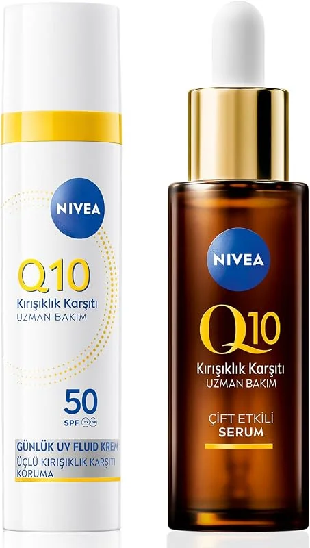 Q10 SPF50 Güneş Koruyucu Yüz Bakım Kremi 40ml ve Kırışıklık Karşıtı Çift Etkili Cilt Serumu 30ml — Cilt bakımı