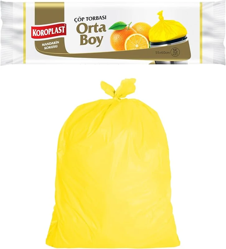 Koroplast Mandarin Kokulu Orta Boy Çöp Poşeti 15'li 55x60 cm, Sızdırmaz ve Yırtılmaz, Kötü Koku Karşıtı Kokulu Orta Boy Çöp Torbası, Geri Dönüştürülebilir Atık Torbası, Güçlü ve Dayanıklı Çöp Poşeti — Makyaj