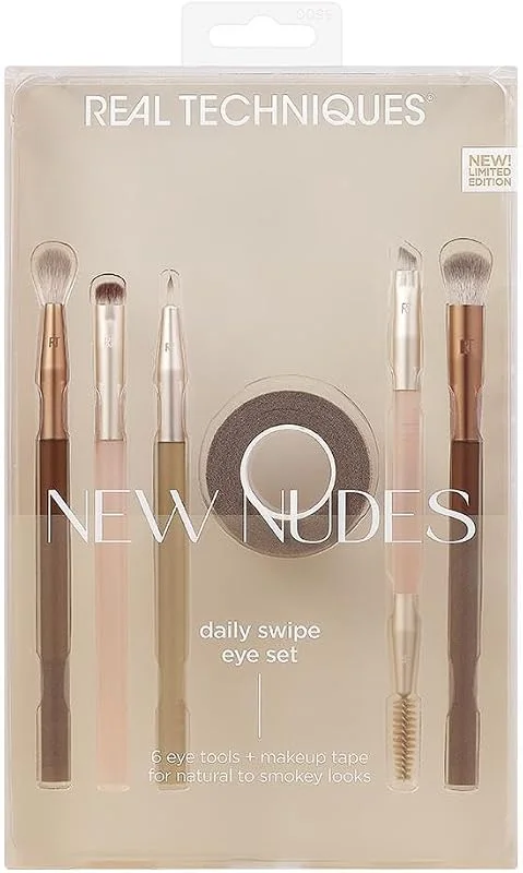REAL TECHNIQUES Yeni Nudes Daily Swipe Göz Seti, Göz Farı, Liner, Brows, Makyaj Bant, Doğal veya Dumanlı Makyaj Görünümü için, sentetik parıltılar, zulüm içermeyen ve vegan, 7 parça set