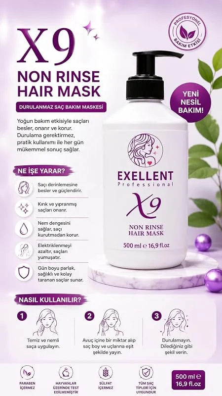 EXELLENT Durulanmayan Saç Maskesi, 500 ml, Besleyici ve Onarıcı, Tüm Saç Tipleri için — Saç bakımı