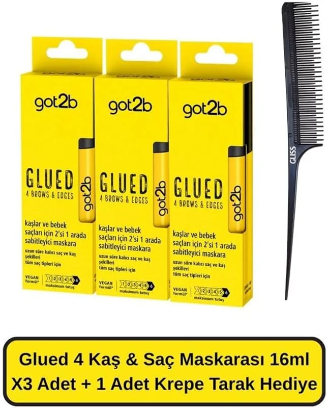Glued 4 Kaş & Saç Maskarası 16 ML X3 Adet + 1 Adet Krepe Tarak Hediye — Makyaj