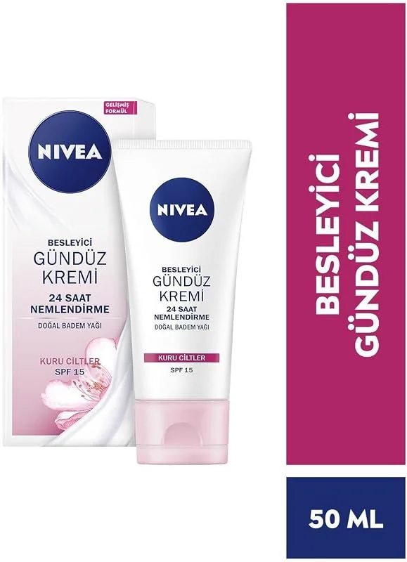 NIVEA Essentials Besleyici Gündüz Yüz Bakım Kremi, 50 ml, Kuru Ciltler, Doğal Badem Yağı, Doğal Manolya Özü ve Shea Yağı ile 24 Saat Yoğun Nemlendirme, SPF15 Güneş Koruması — Cilt bakımı