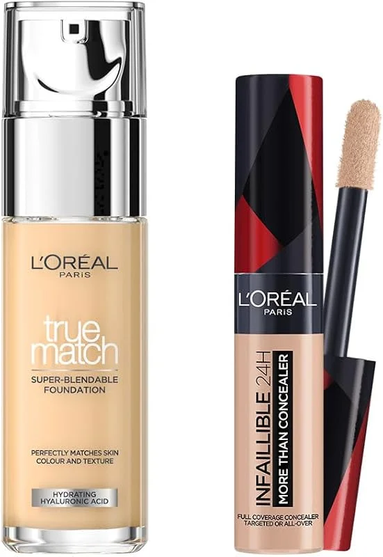L’Oréal Paris True Match Bakım Yapan Fondöten 1R ROSE IVORY & Infaillible Tüm Yüze Uygulanabilir Kapatıcı 322 Ivory Makyaj Seti